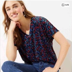 Loft Velvet Floral V Neck Dolman Short Sleeve Velour Blouse Small